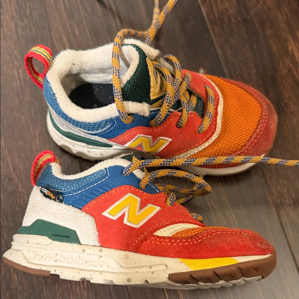 New Balance Kids Orange & Red Suede Mesh Sneakers with Blue Accents - Picture 2 of 8